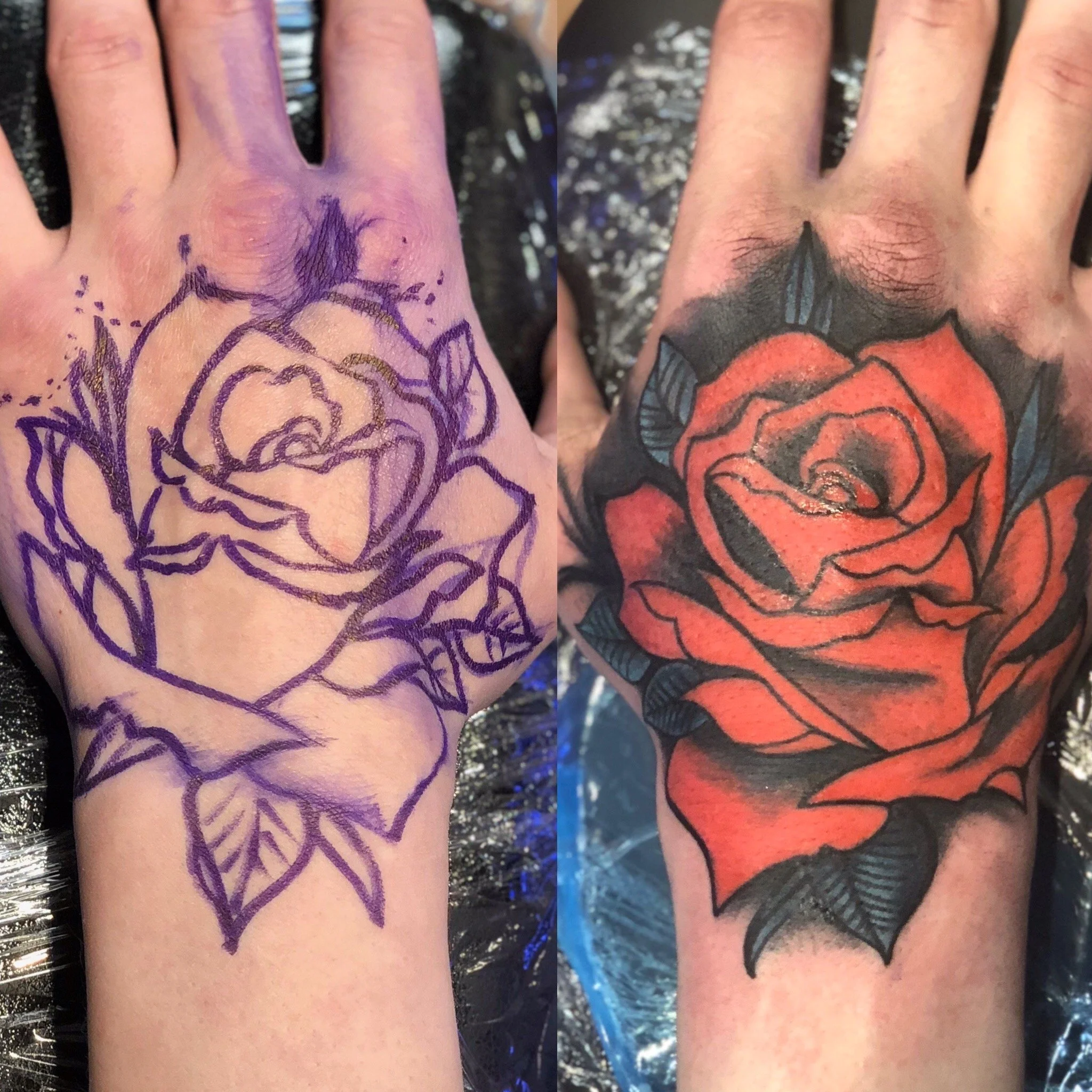 Progress of a tattoo of a rose on a person's hand, showing initial sketch in purple on the left and finished colorized tattoo in red and black on the right.