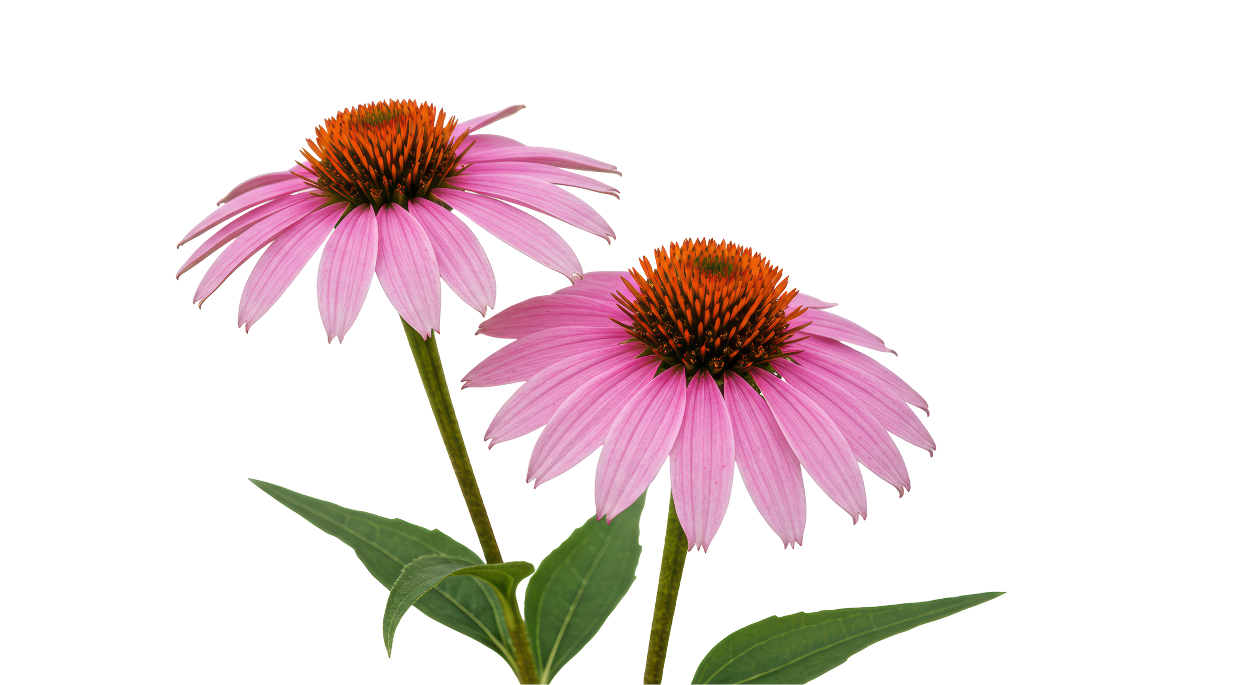 A photo of two purple coneflowers on a white background