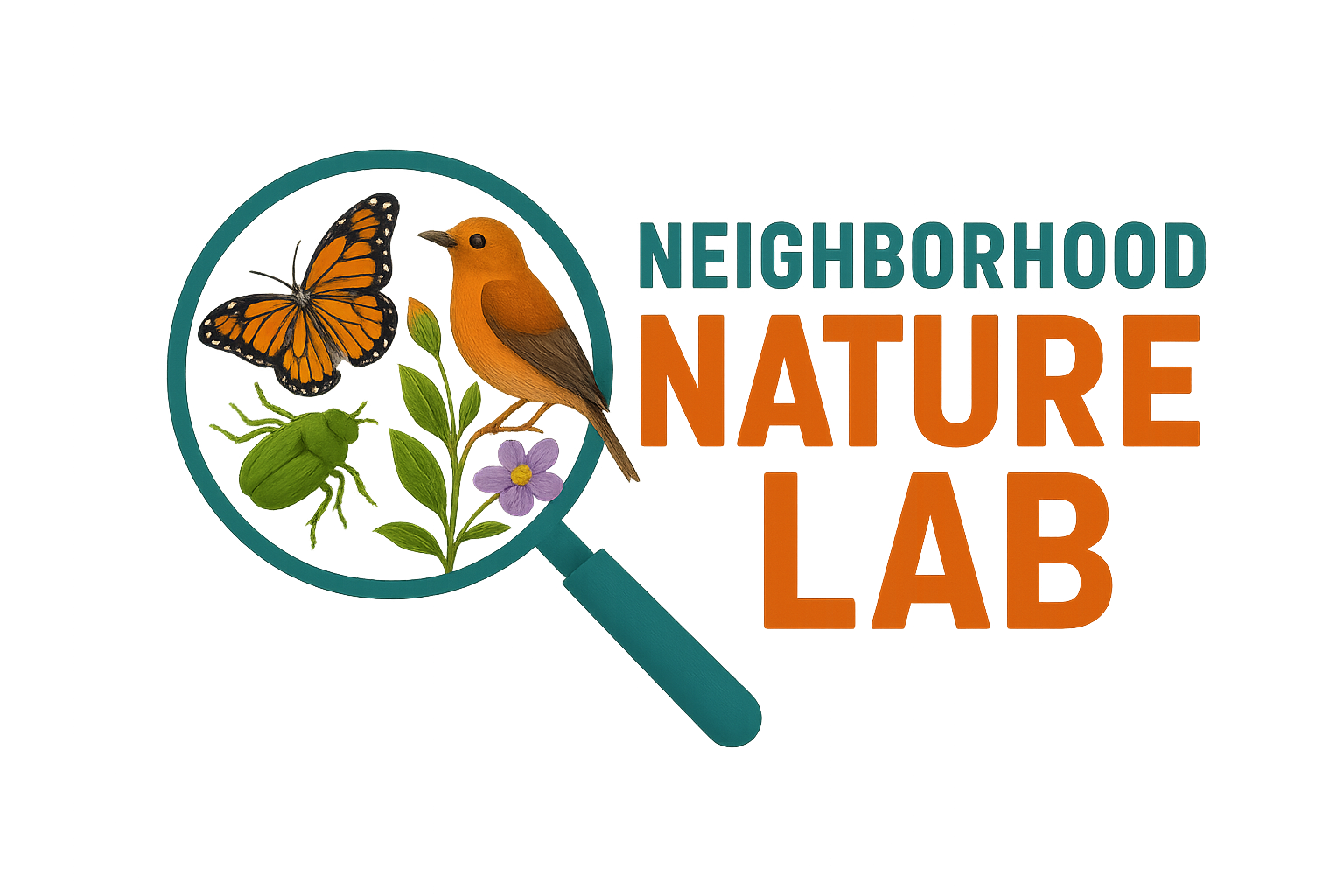 Neighborhood Nature Lab logo with a songbird, monarch butterfly, green beetle, and purple flower under a magnifying glass.