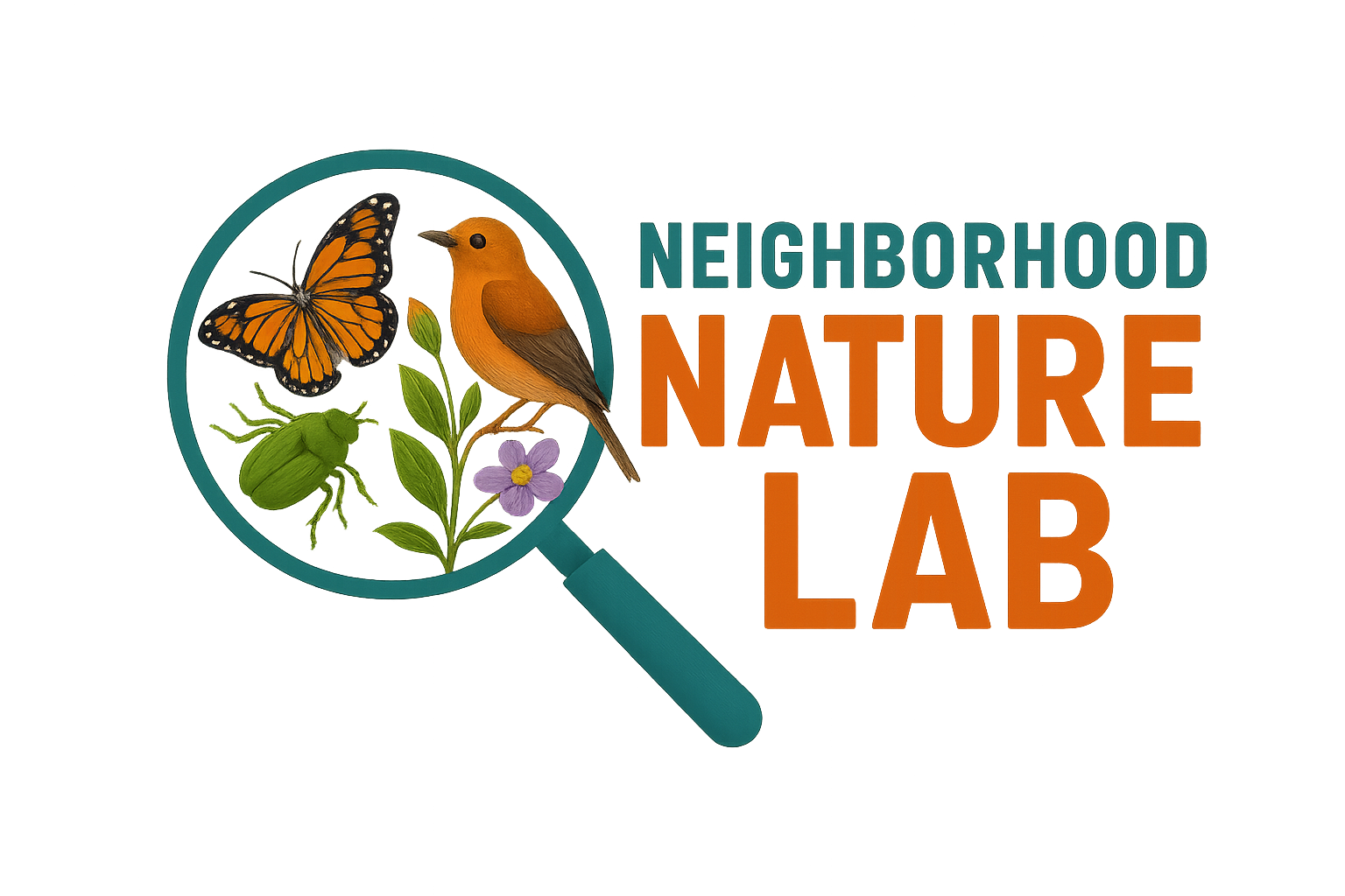 Neighborhood Nature Lab logo with a songbird, monarch butterfly, green beetle, and purple flower under a magnifying glass.