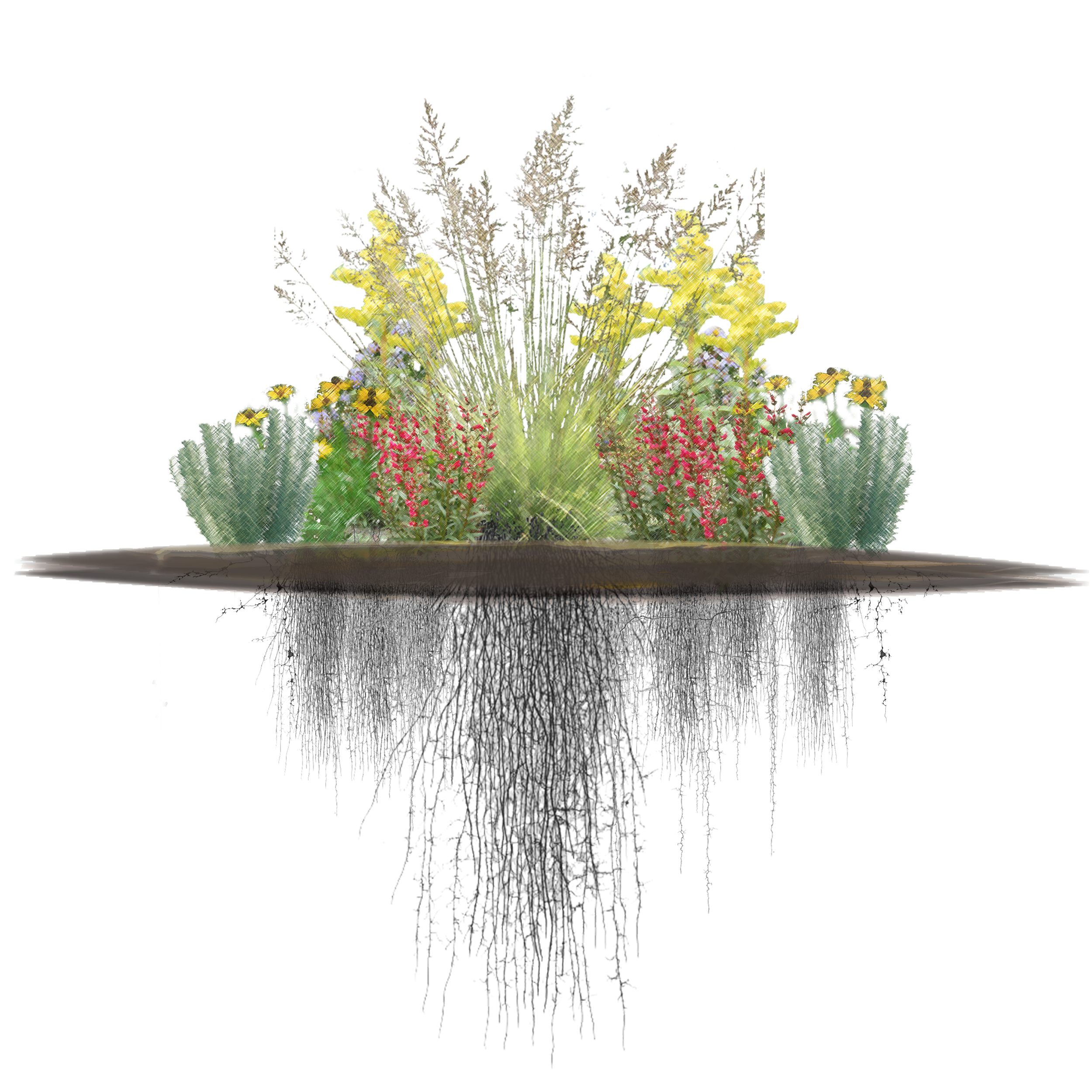 Group of plants including grasses and flowers with visible roots underground