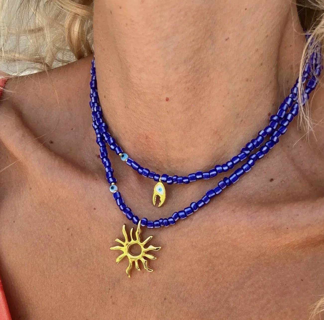 PRE-ORDER | Blue Beaded Necklace with Sun