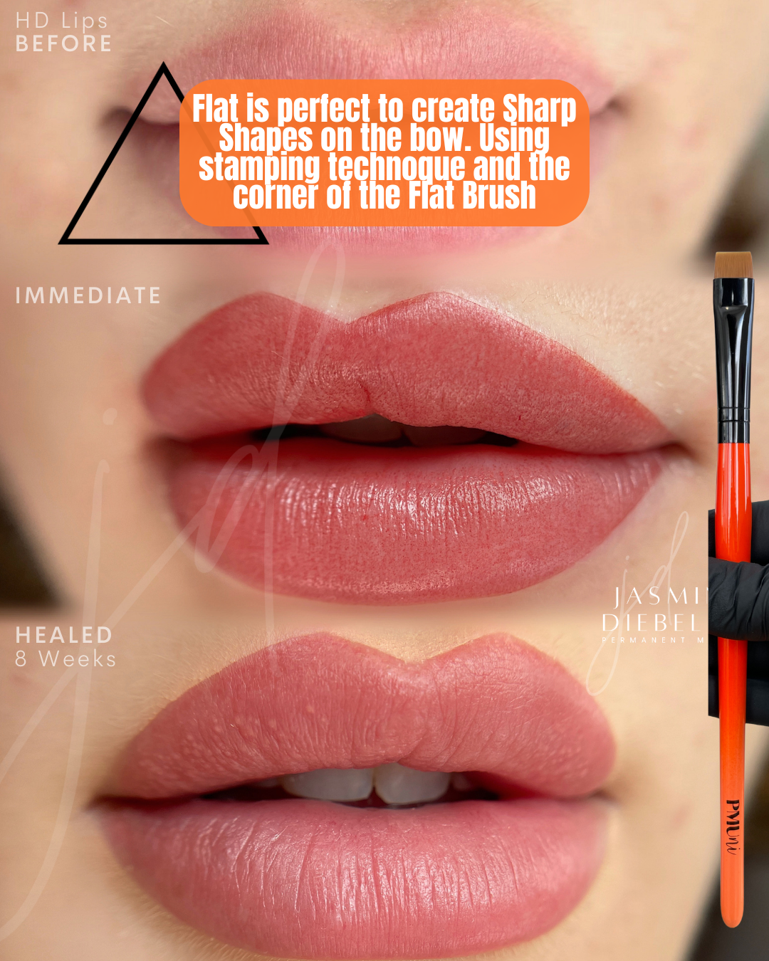 Close-up of a person's lips showing the stages of lip tattooing with labels for unhealed, healed, and immediate states, and a lip brush with instructions on creating sharp shapes using stamping technique.