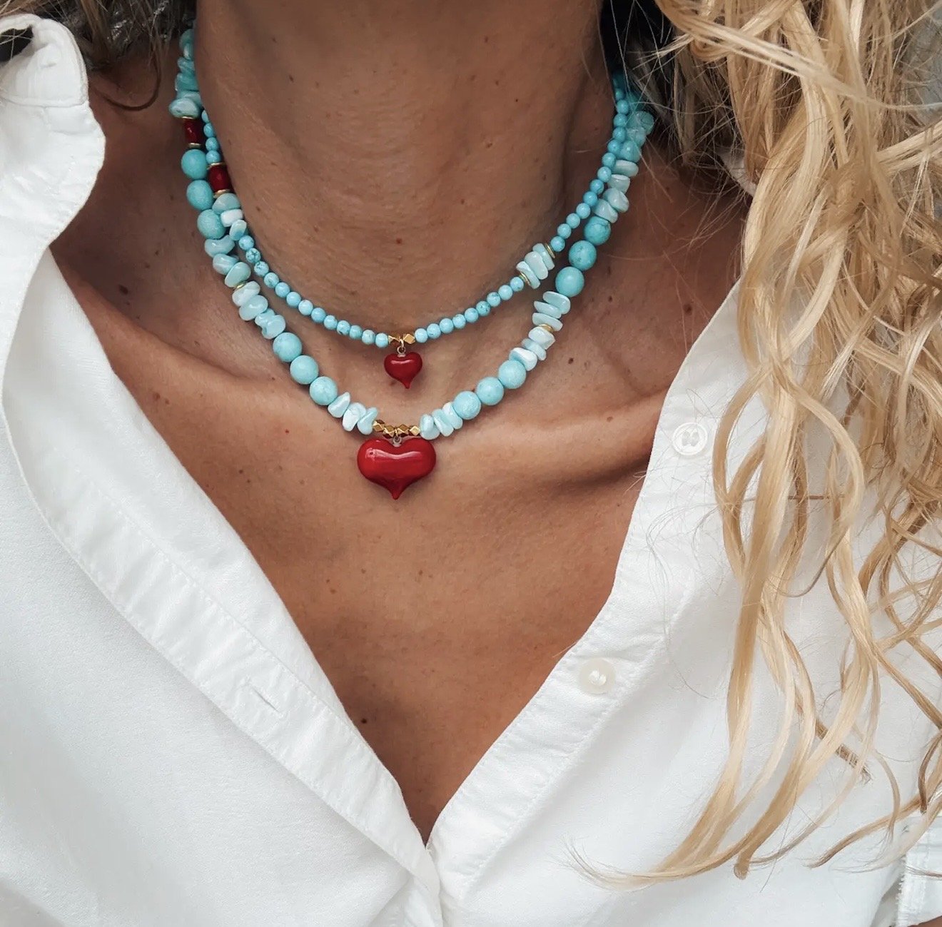 PRE-ORDER | Turquoise Beads Necklace with Big Red Heart