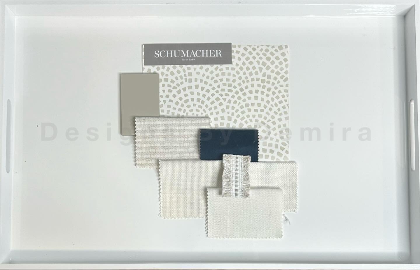 Moodboard: For a bedroom featuring neutral and warm tones accented with blue.