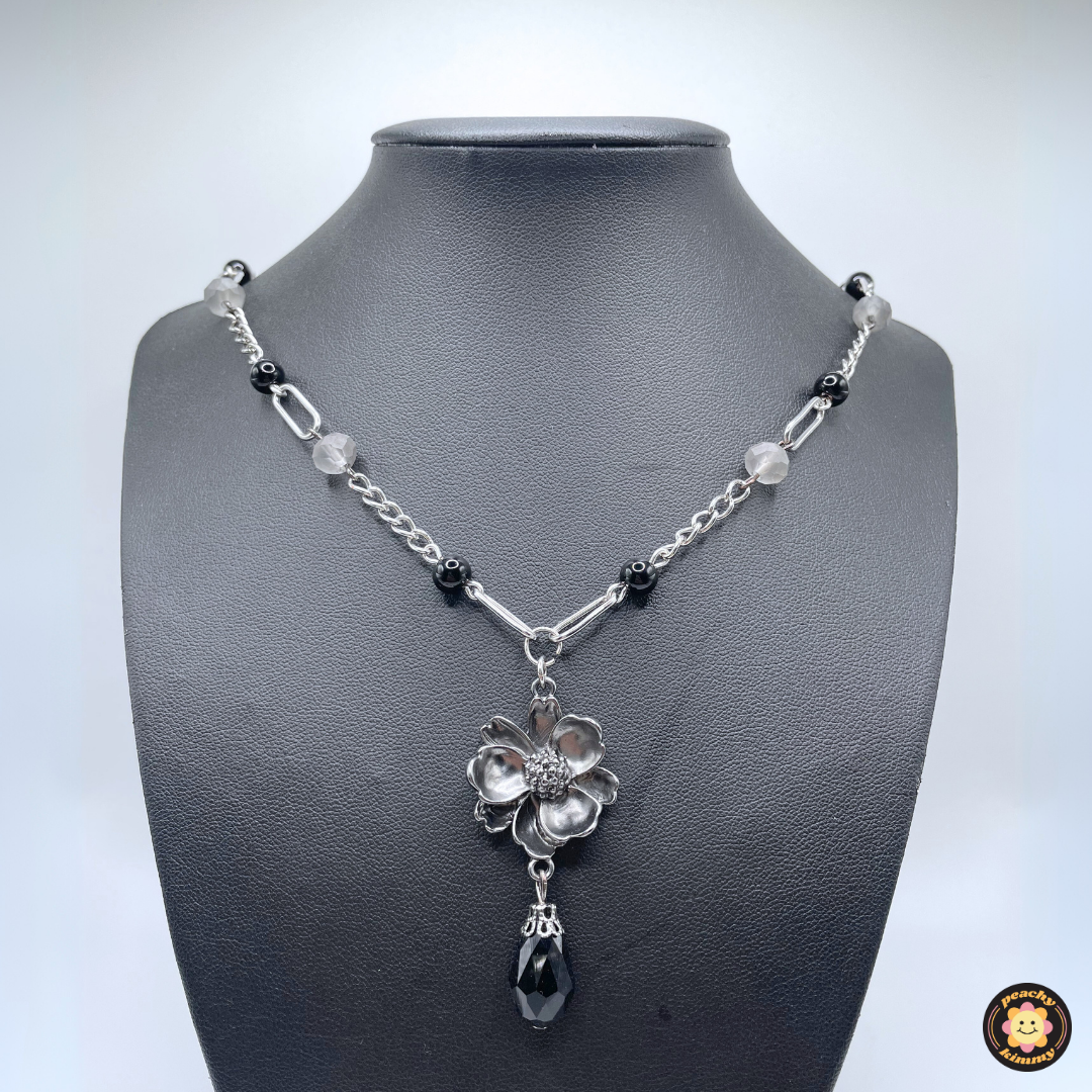 Black Necklace w/ Chunky Silver Flower Pendant & Teardrop