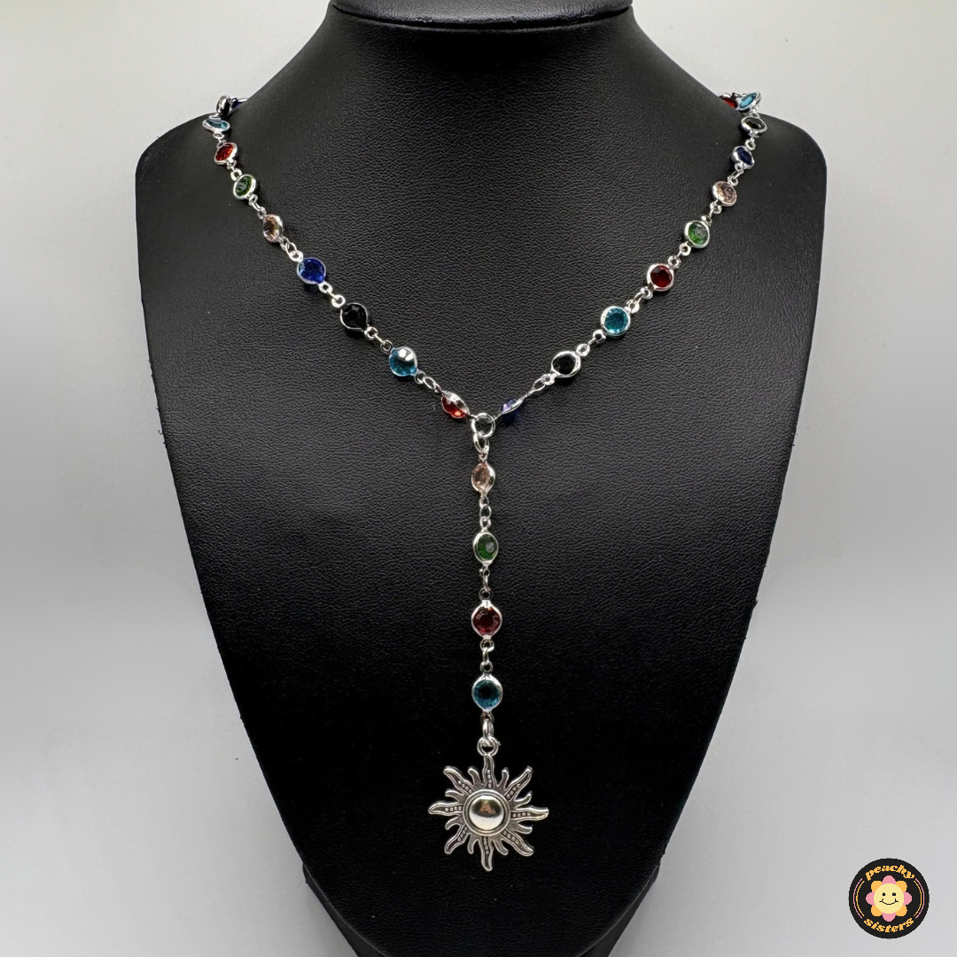 Colorful Rhinestone Silver Necklace w/ Sun