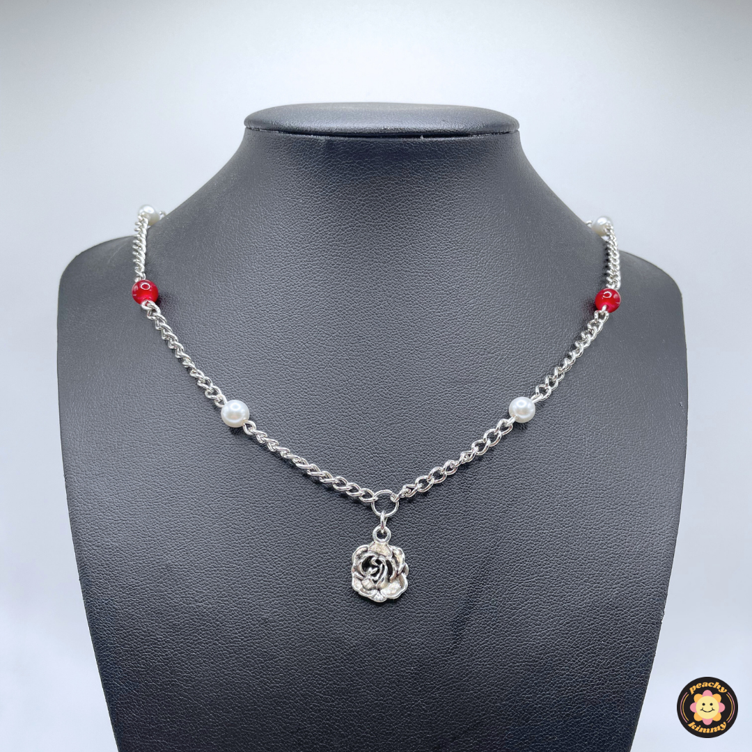 Red & Faux Pearl Necklace w/ Silver Rose Pendant