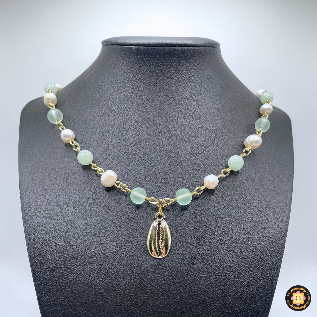 Seafoam Green & Pearl Necklace w/ Gold Puka Shell