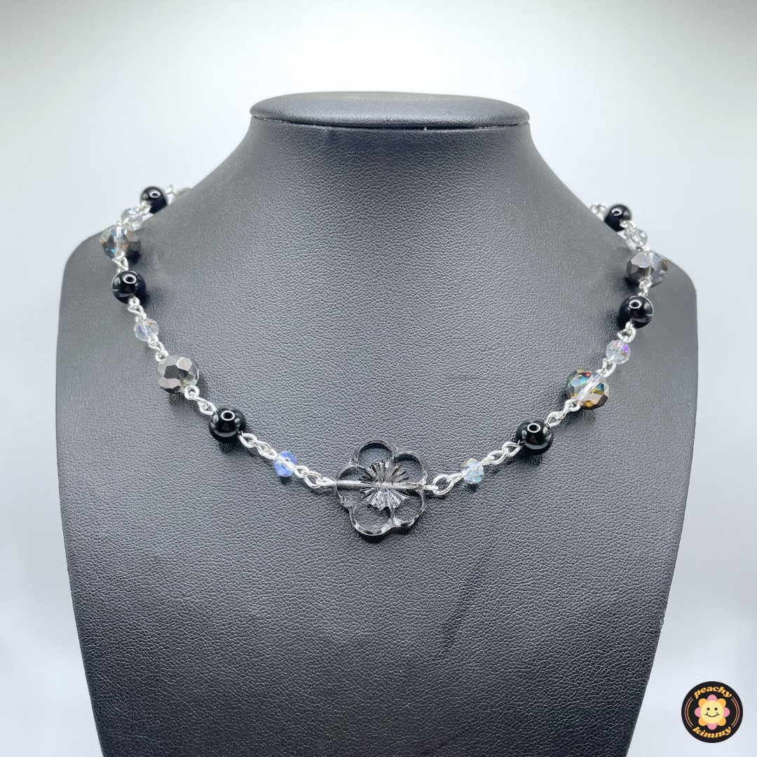 Black Necklace w/ Chunky Glass Flower