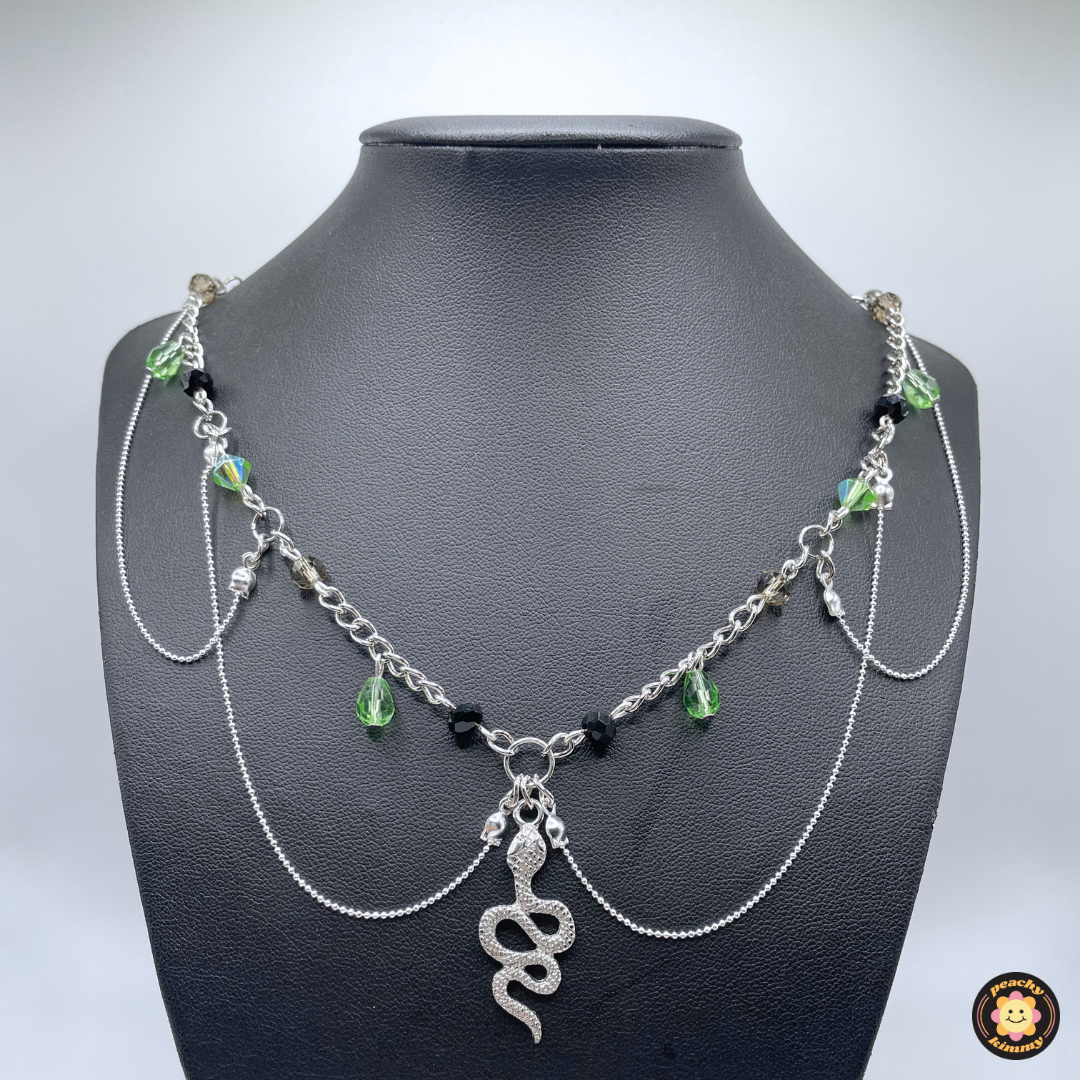 Green & Black Necklace w/ Snake Pendant & Draping