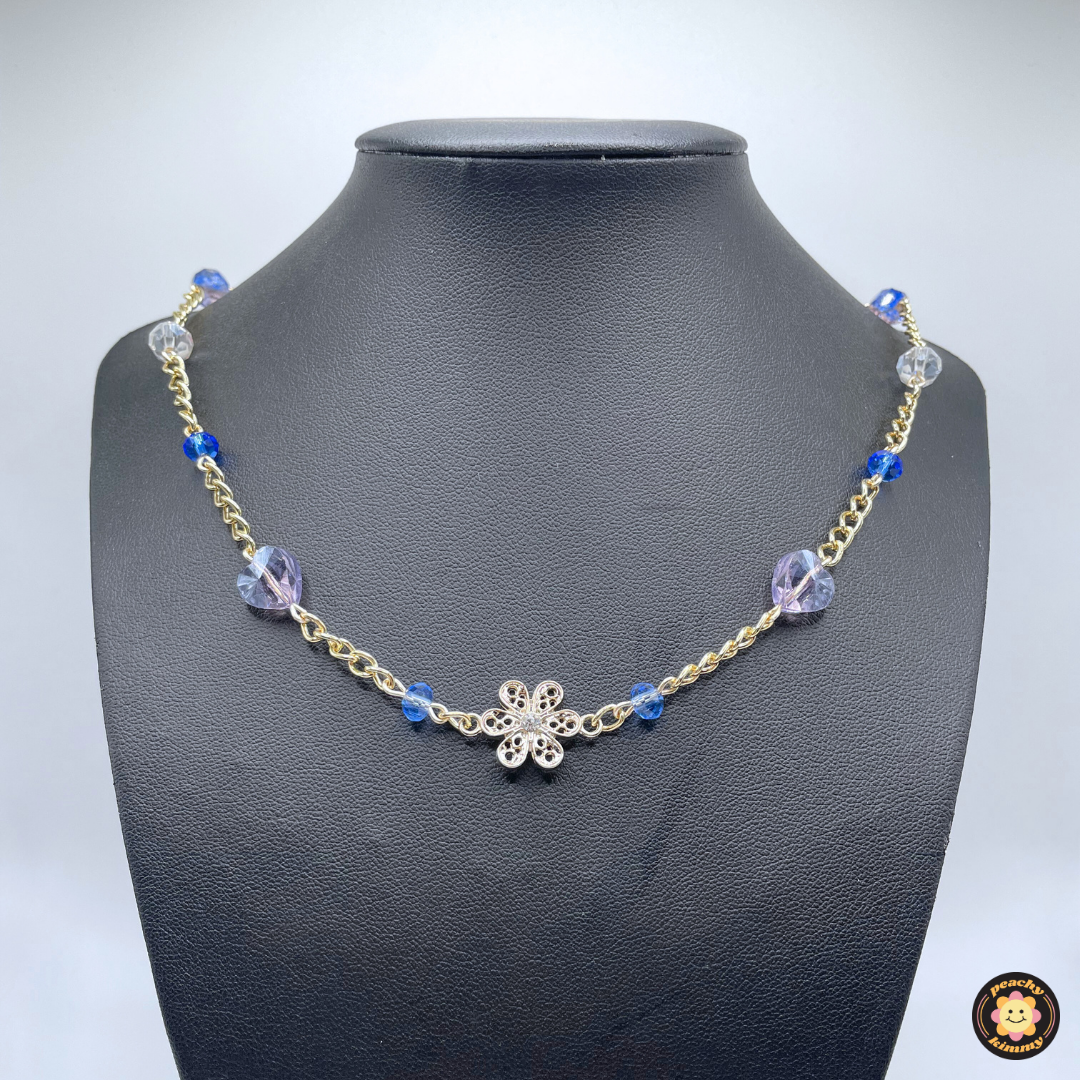 Blue & Purple Necklace w/ Gold Flower & Hearts