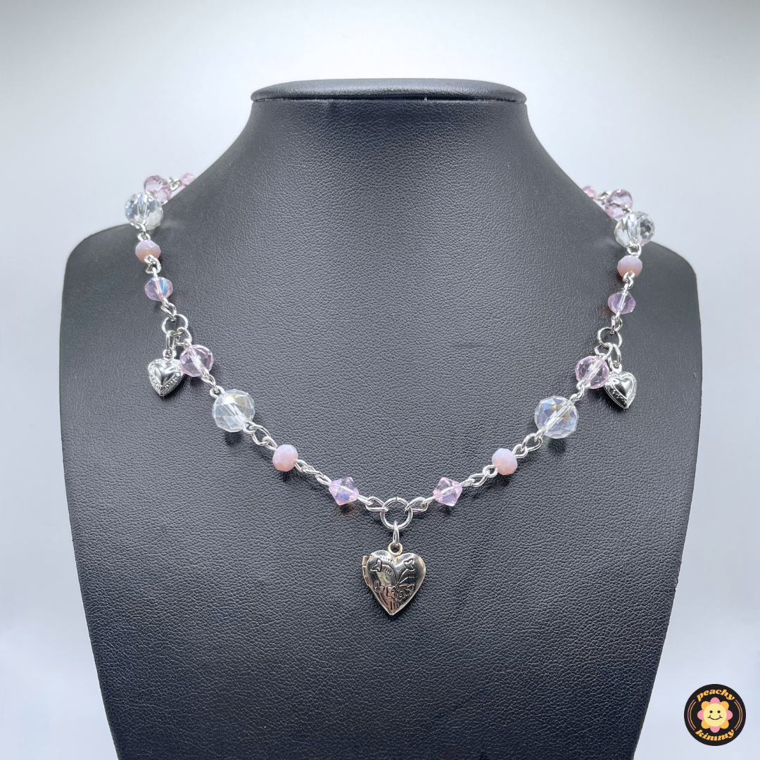 Pink Beaded Charm Necklace with Silver Heart Locket
