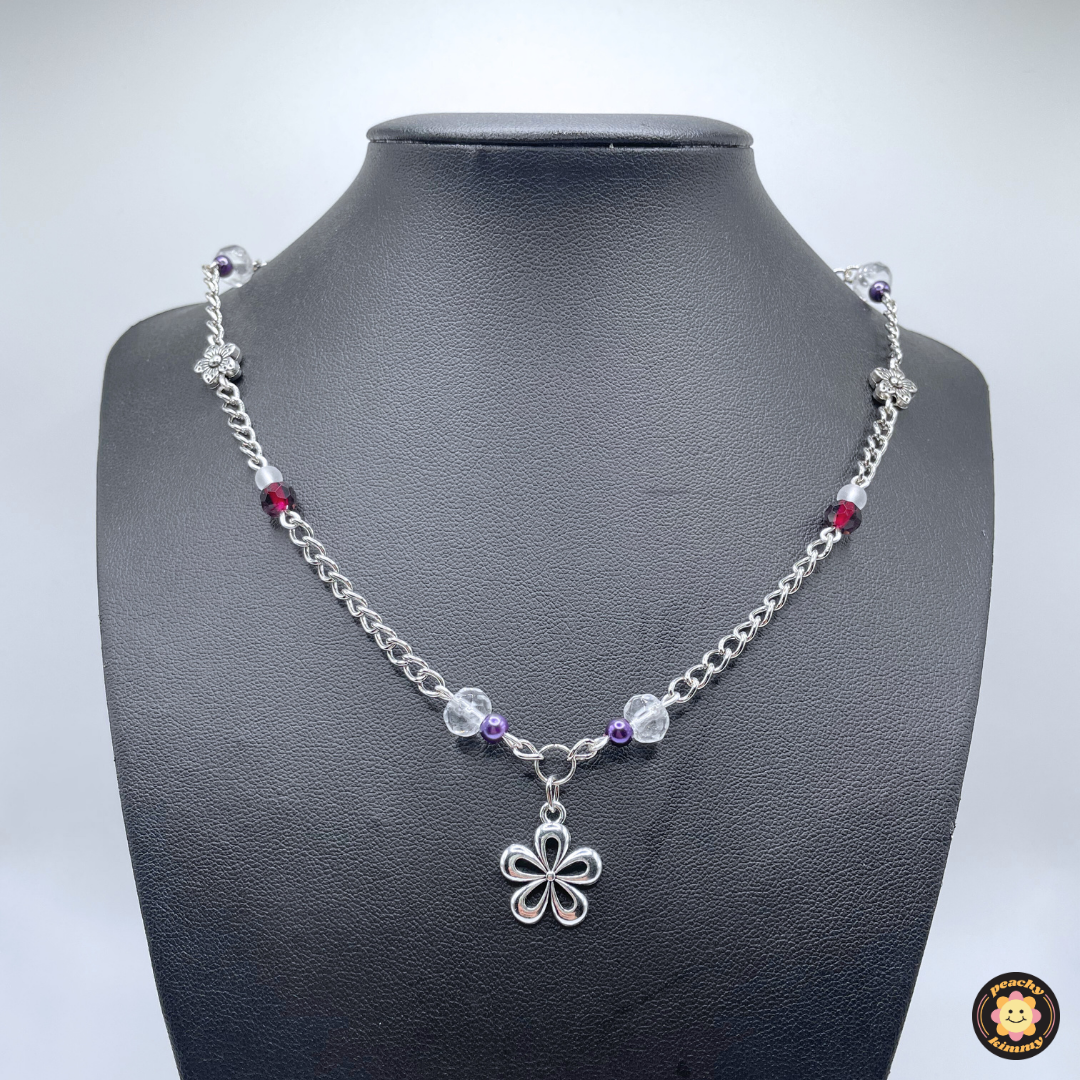 Purple Necklace w/ Silver Flower
