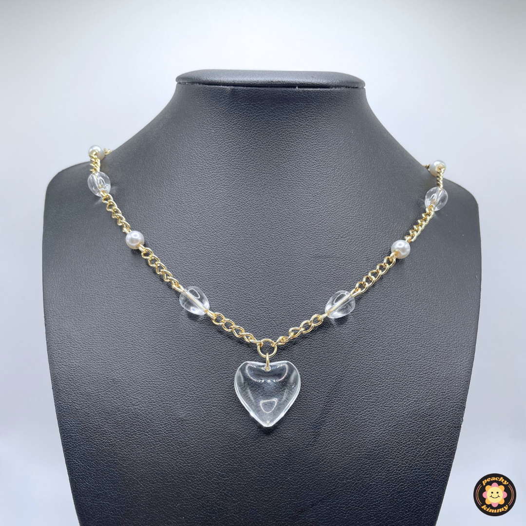 Clear & Faux Pearl Necklace w/ Chunky Heart