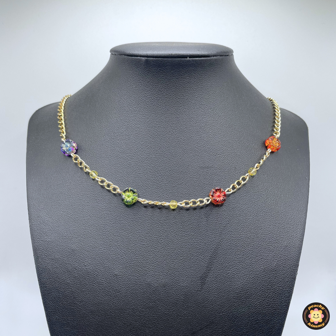 Multicolored Beaded Flower Gold Necklace