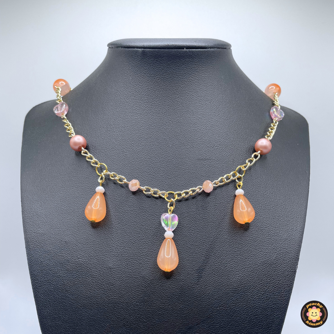 Peach Beaded Heart Droplet Gold Necklace