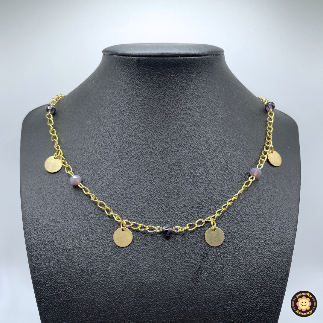 Purple Beaded Tag Gold Necklace