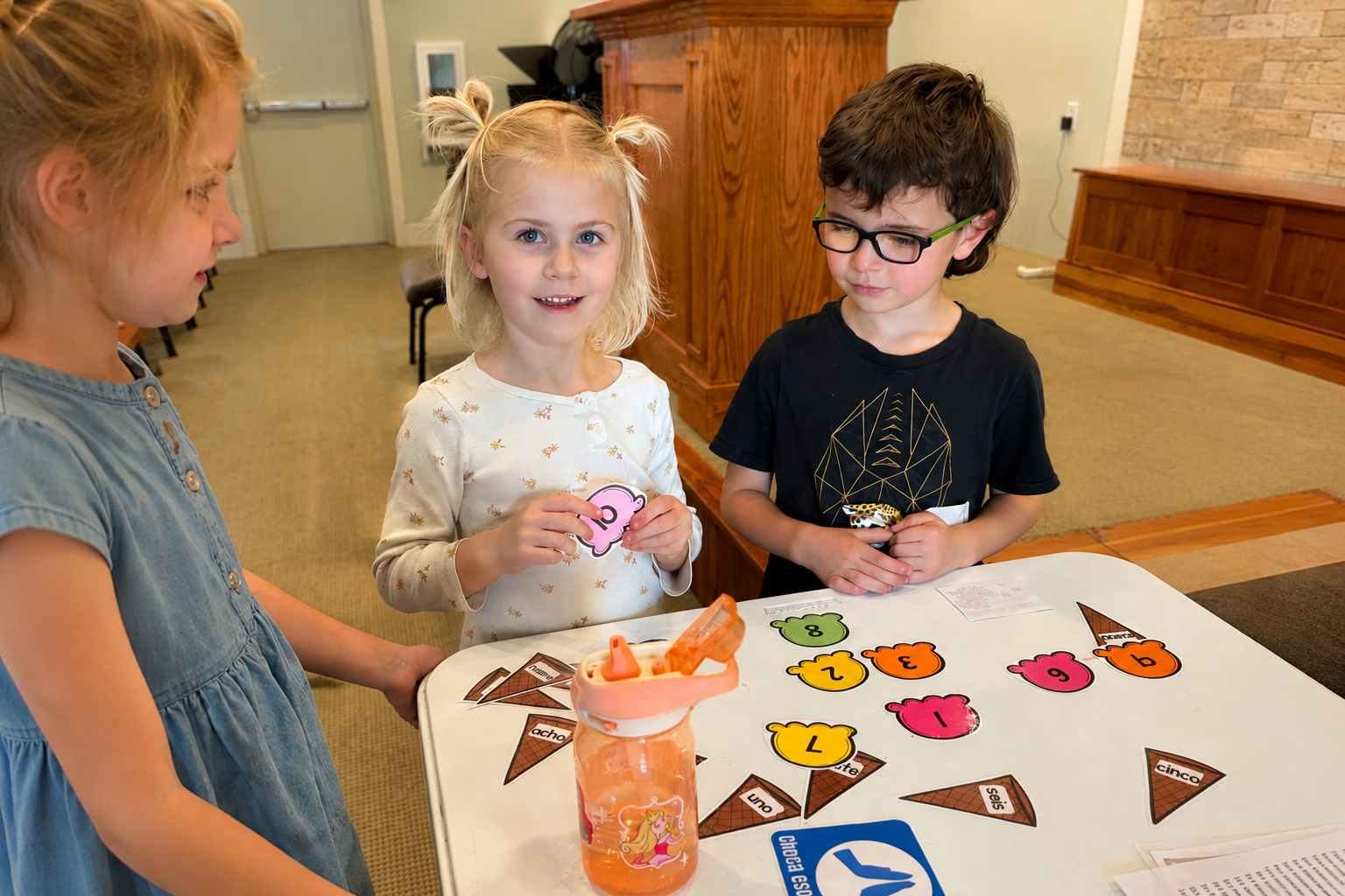 little girl smiles at camera standing at a table with her two friends who are looking at the table of ice cream pictures.