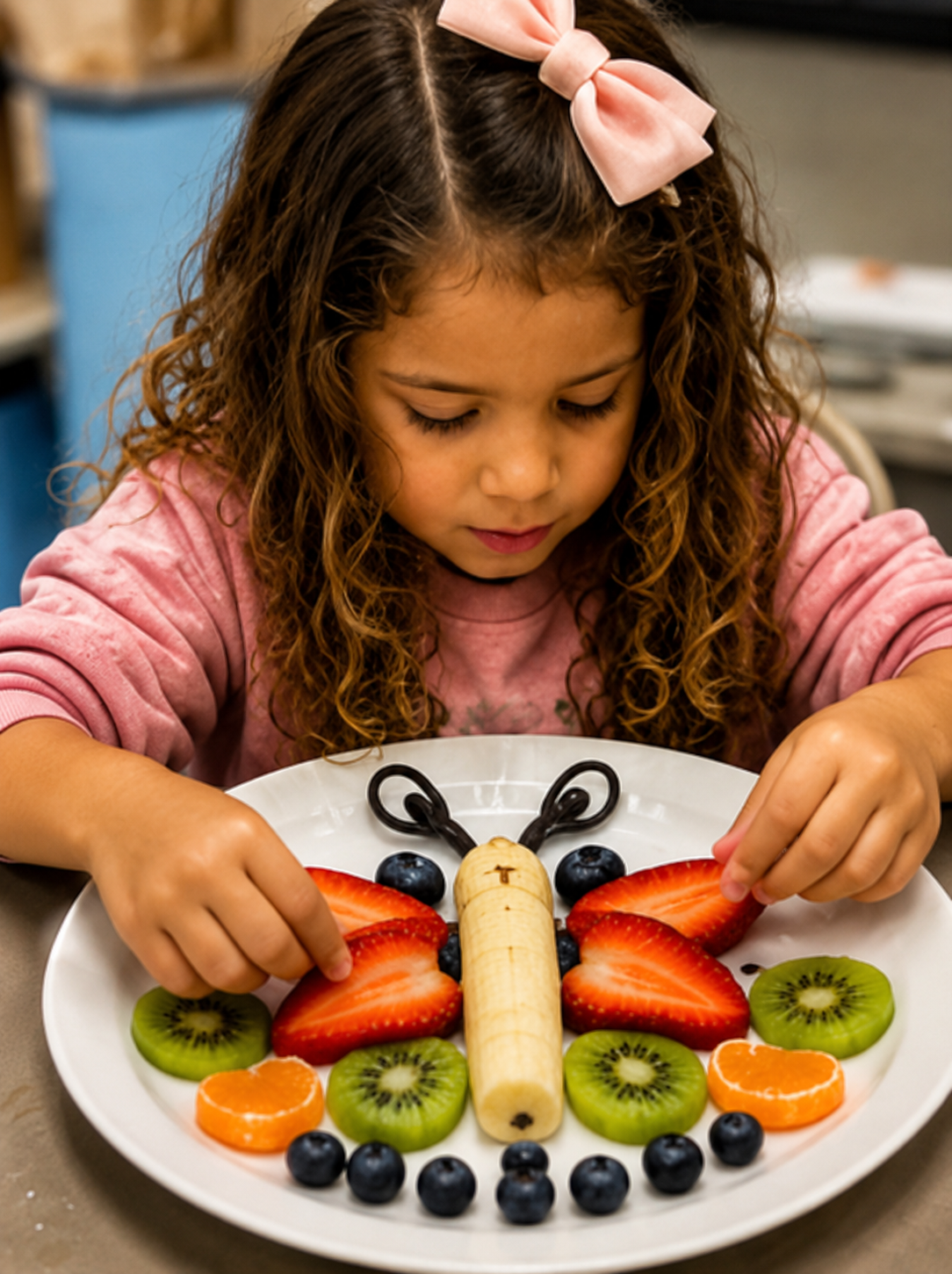 A boy is side smile grinning with his plate of food that's been used to make a caterpillar.