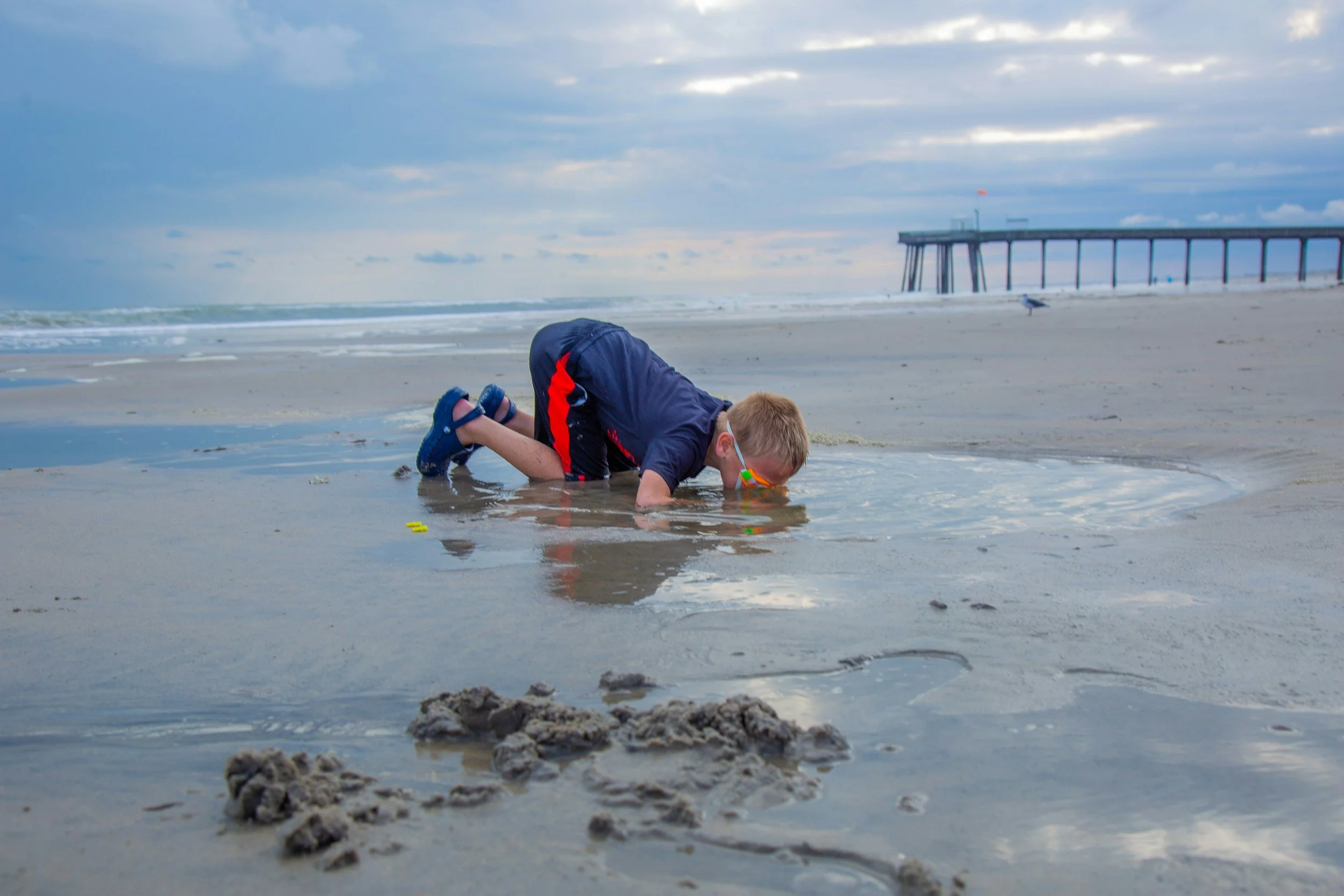 A little boy is at the beach, on his knees and elbows, with goggles on looking into the water.