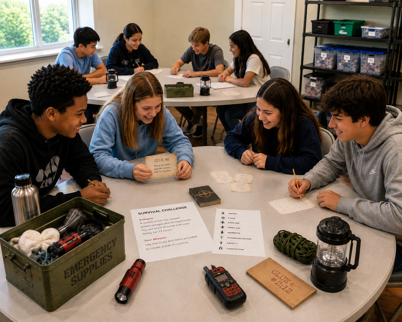 Student sit together at table with survival items laid out.