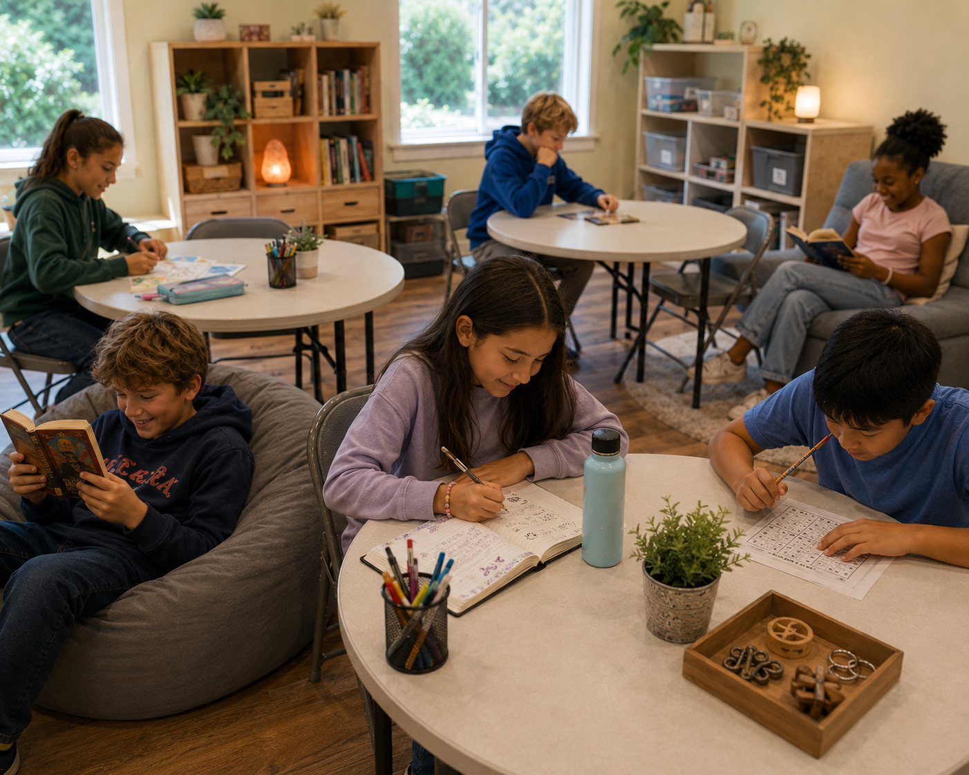 Students are sitting around at desks, beanbag chair, and armchair. They are reading, drawing, or working on homework with smiles.