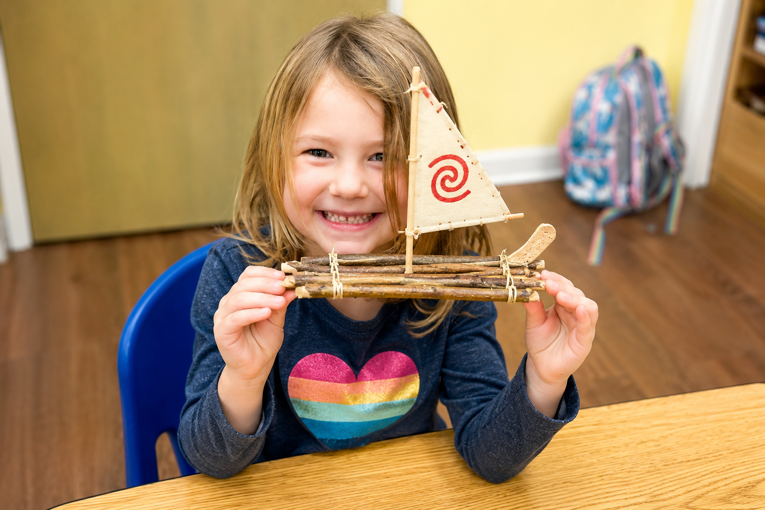 Little girl smiles at camera holding up her homemade boat made of sticks and paper.