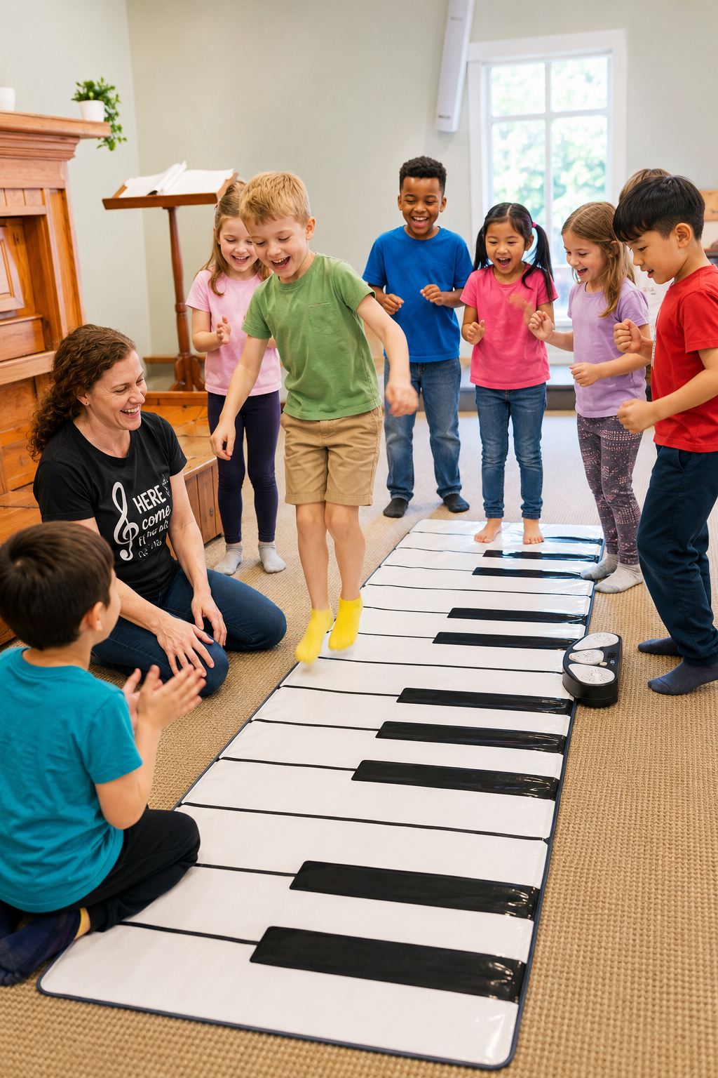 Children are excited to try a floor piano with the teacher looking on.