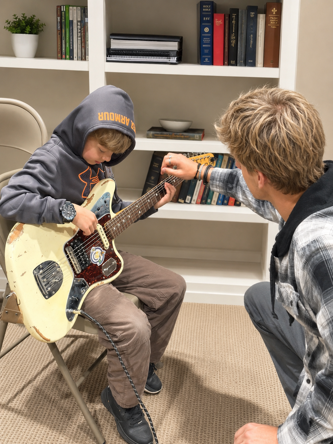 A young boy sits with an electric guitar in his arms while a music teacher instructs his hand placement.