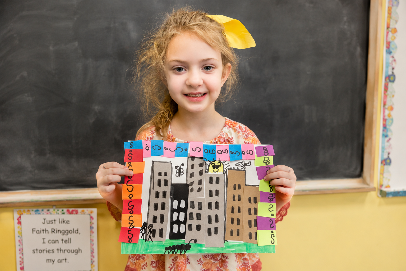 Little girl smiles at the camera holding up her art picture of cityscape.