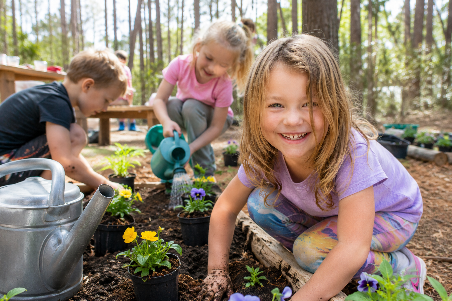 A girl smiles at camera while her and two other kids are playing in the dirt and planting flowers.