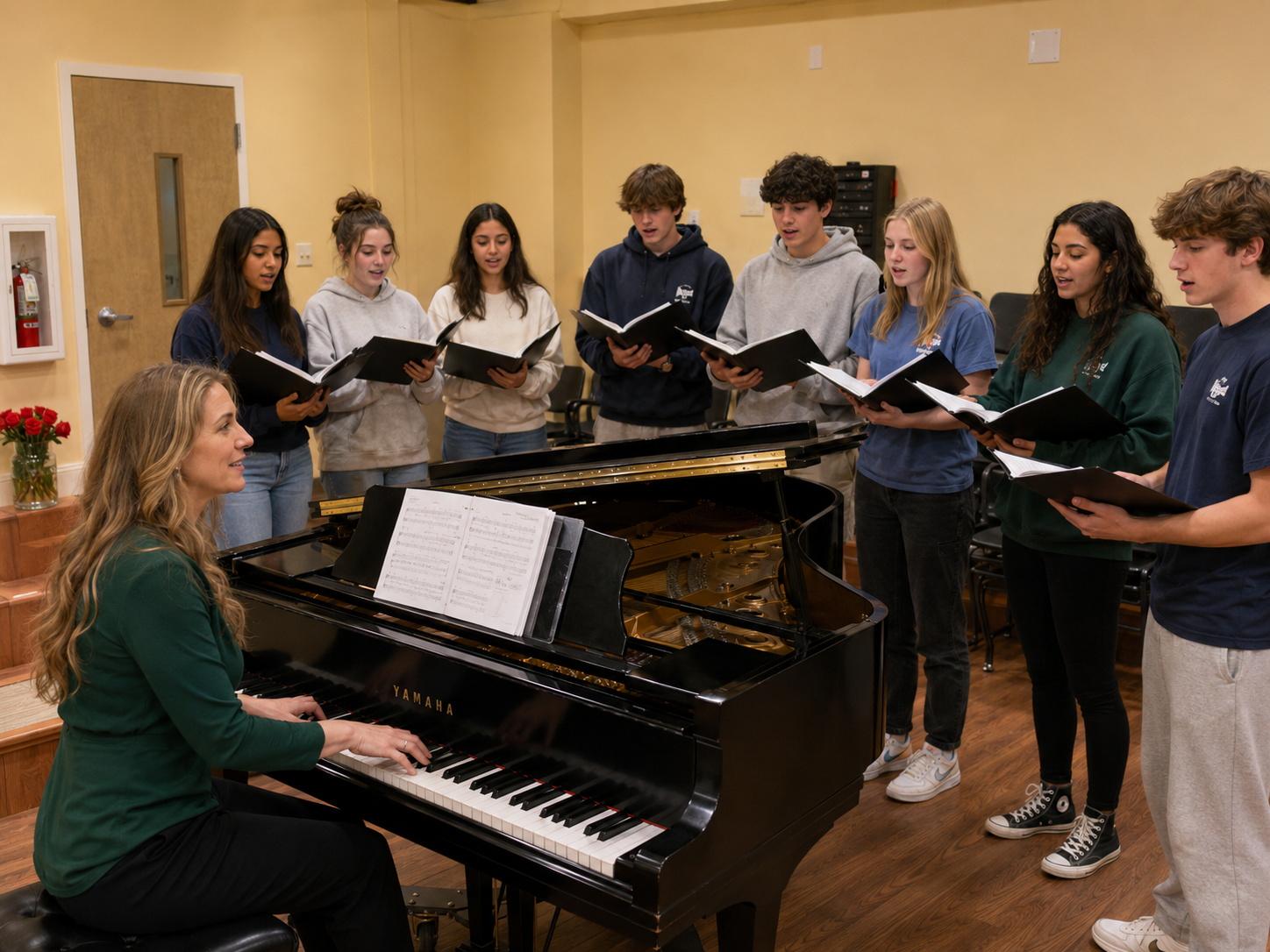 A teacher sits at a piano while teenage students stand around it singing and holding song books.
