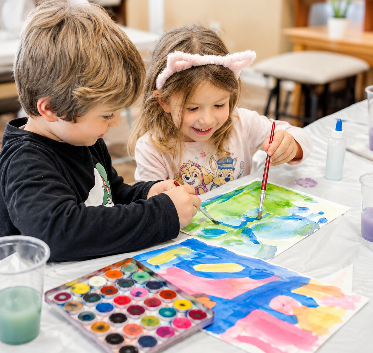 A boy and girl work together on a watercolor painting.