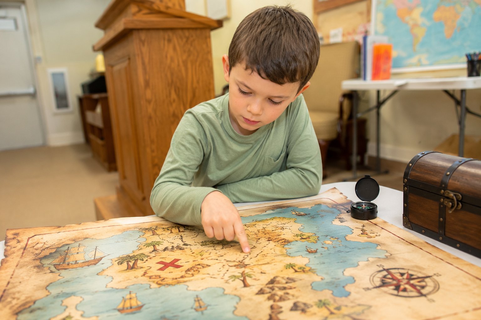 Little boy looks and points at a spot on a map in front of him sitting at a table.