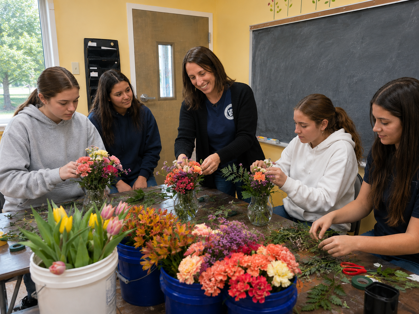 Teenage girls make flower arrangements while a teacher smiles, arranging flowers.