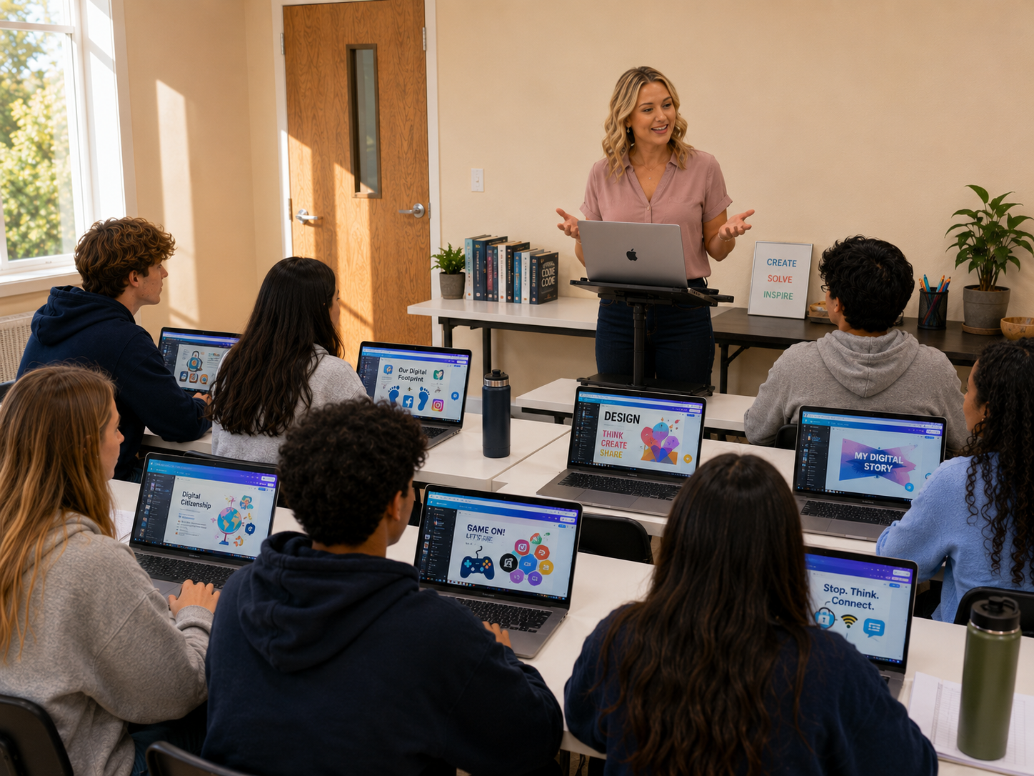 Students sit with their backs to the camera in front of their laptops at desks while the teacher stands facing them, smiling.