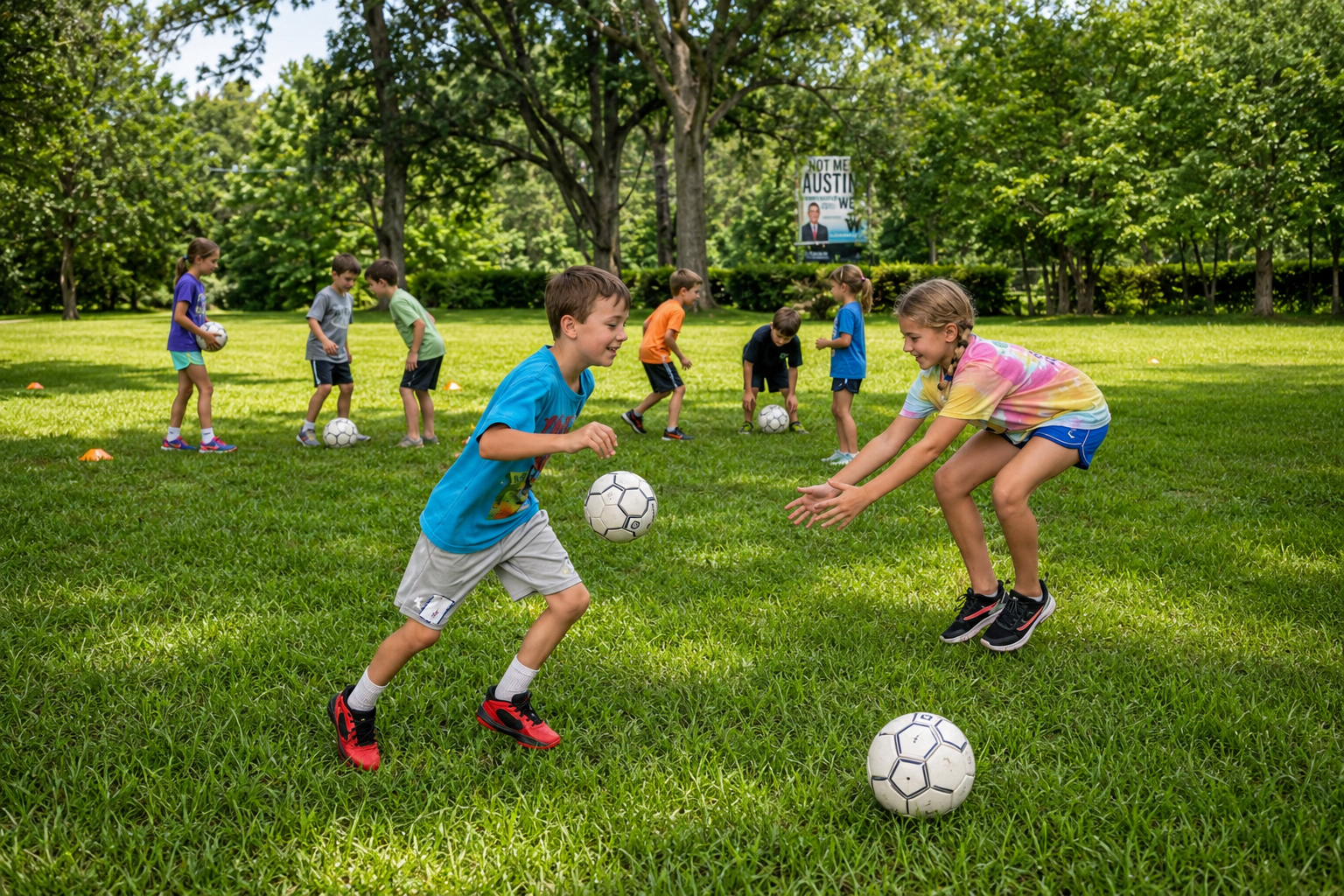 a boy is running to kick a soccer ball while a girl is trying to catch a soccer ball on a green field. Other students play with their soccer balls behind them.