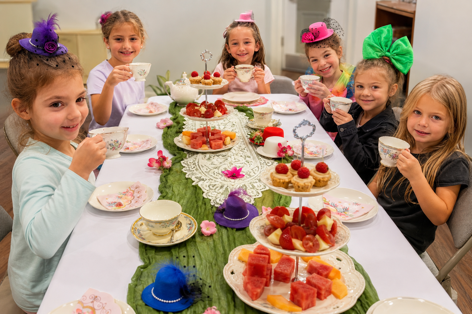 gils smiling at the camera while they sip from their tea cups sitting at a fancy table with snacks.