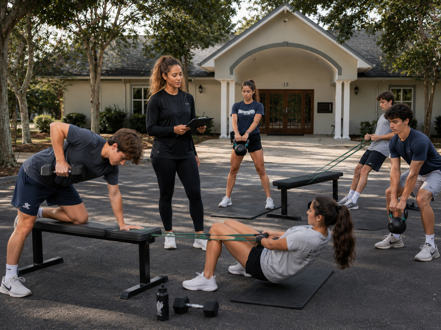 Students are lifting weights, using kettle bells, dumbbells, and pull cords while a teacher stands in the center with clipboard.