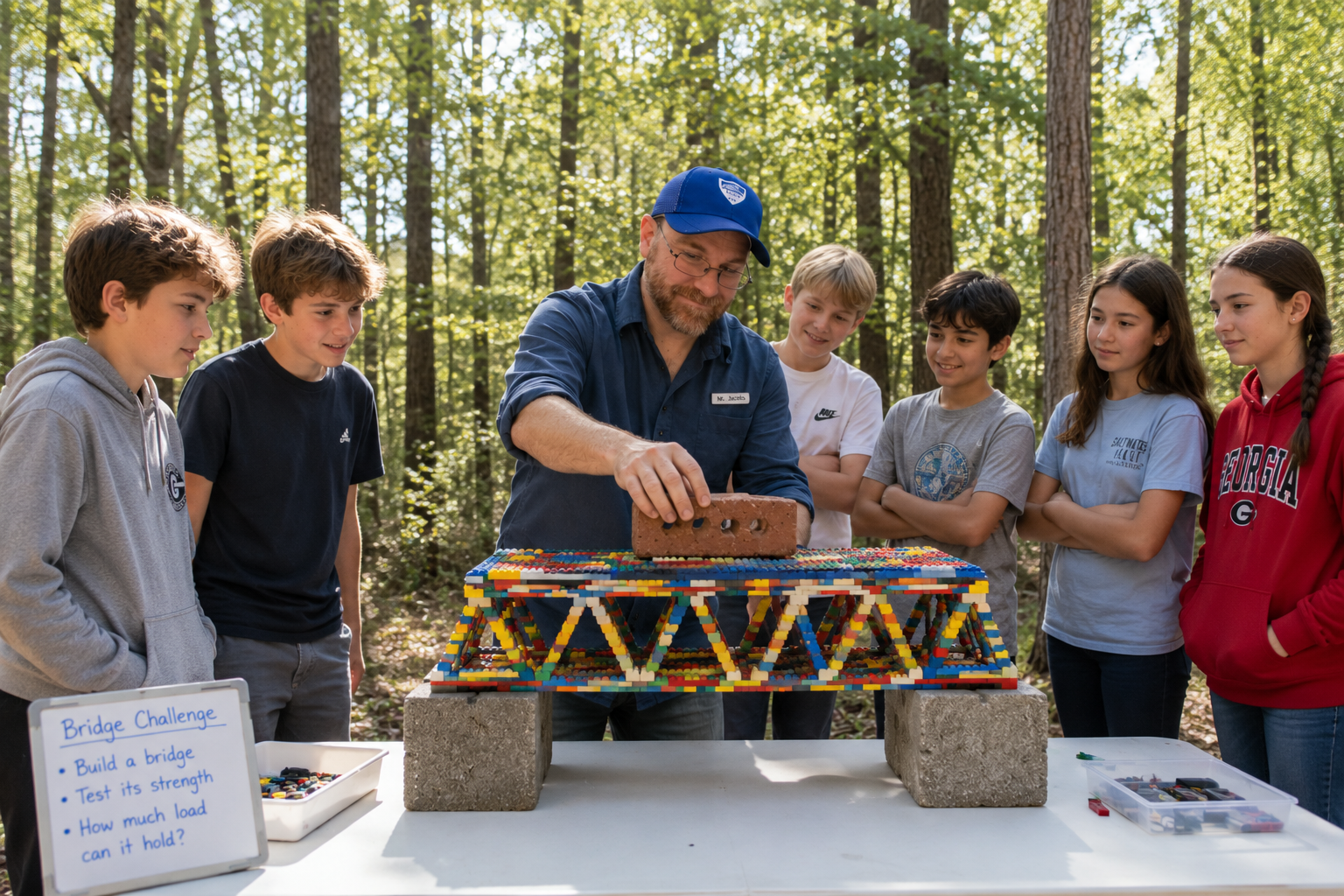 Pre-teens watch a teacher place a brick on a lego bridge to see if it can withstand the weight.