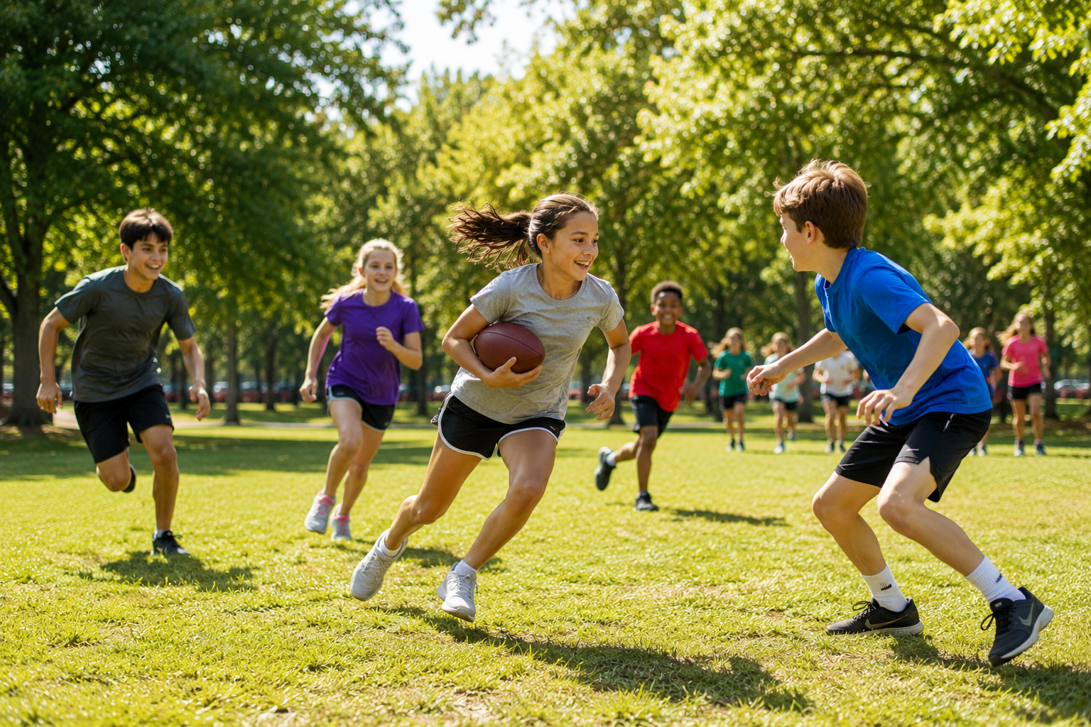children are running, girl holds football