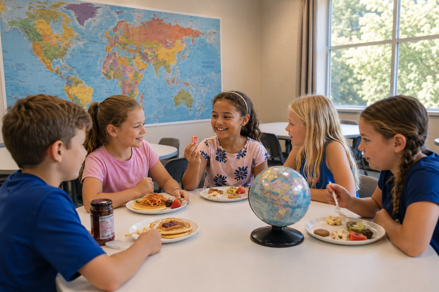 kids sit around a table eating snacks from around the country with a globe on the table.