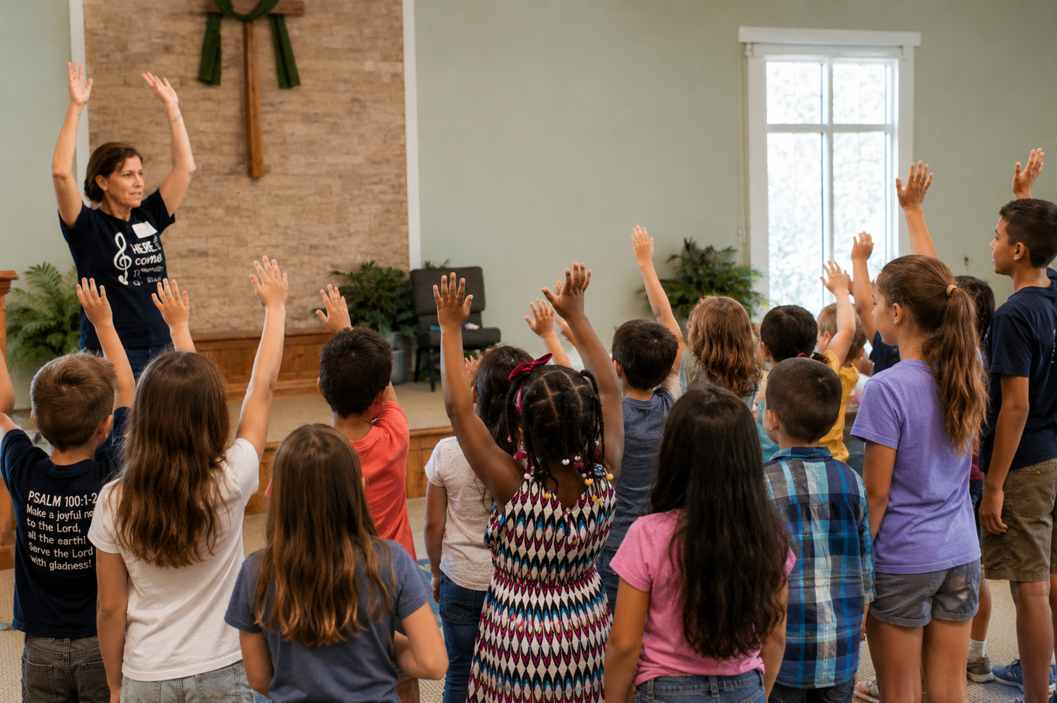 students have their back to the camera as they lift their hands in praise watching their teacher who is also lifting her hands in praise.