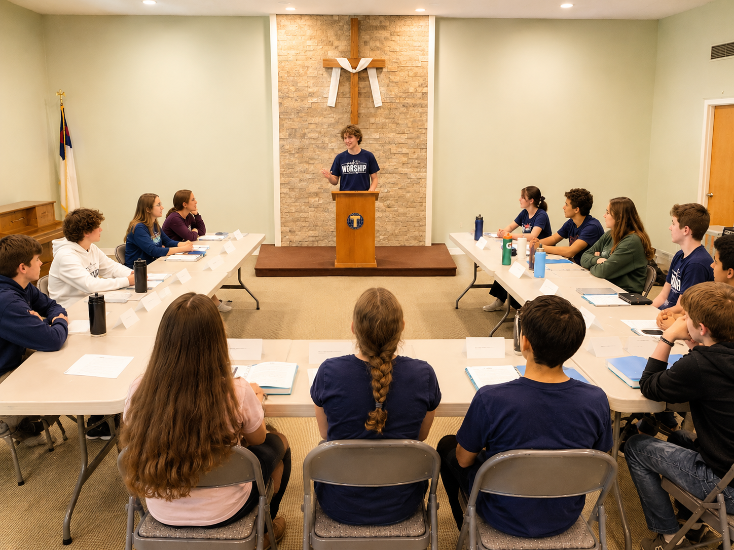 Students sit at a u shaped table with notebooks in front of them as they watch a fellow student stand at the podium.