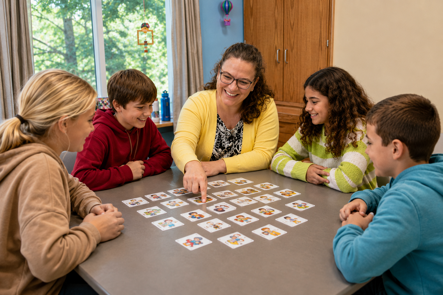 Students set with their teacher at a table smiling while the teacher points at lesson cards on the table.