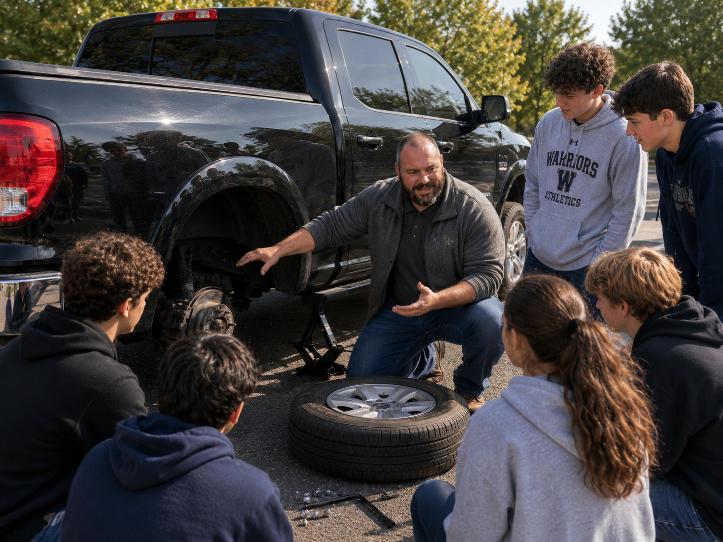 teacher kneels next toe black truck with wheel off while instructing students who are gathered around him.