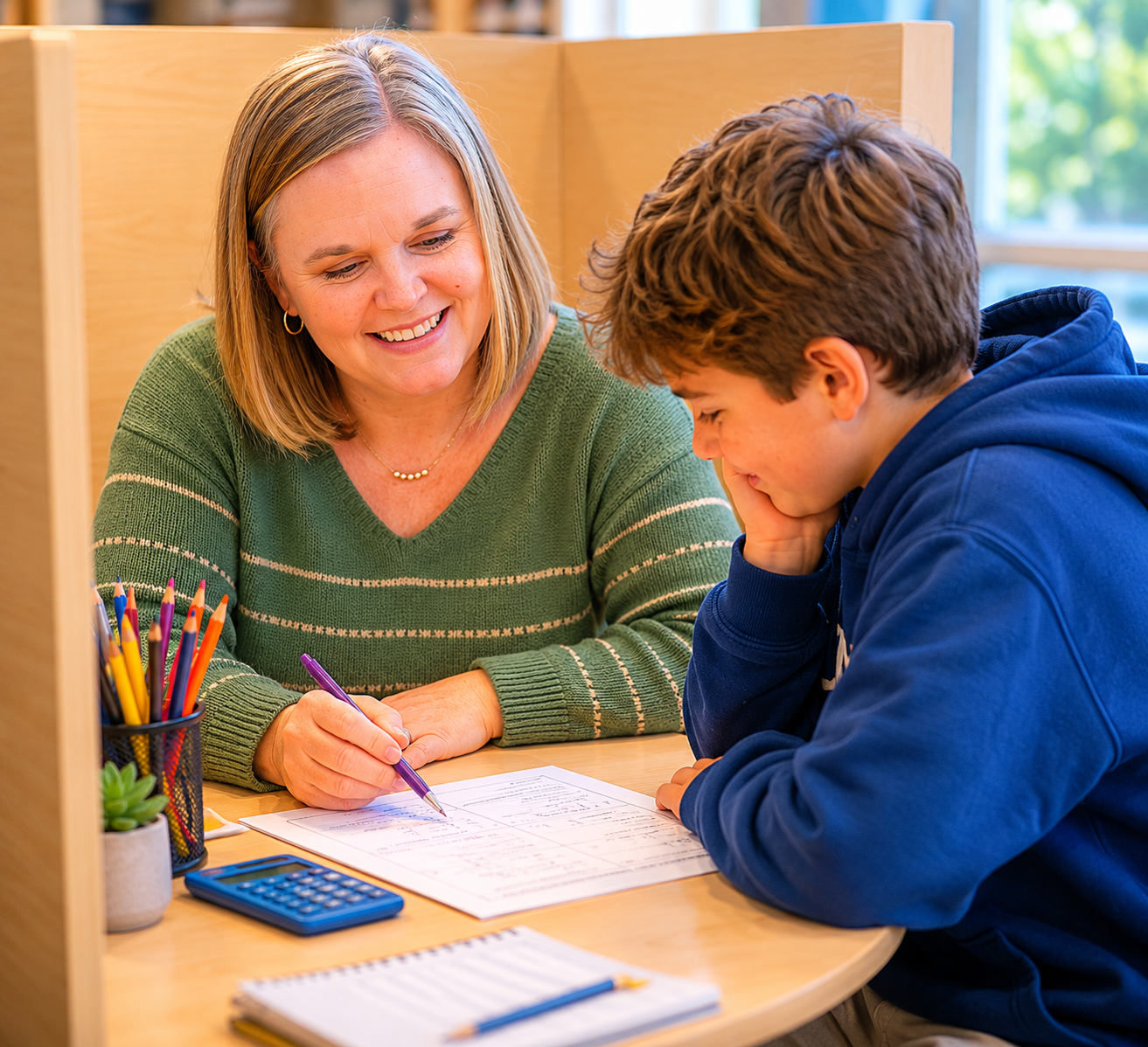 Teacher smiles and instructs student at table with worksheet in front of them and pen in hand.