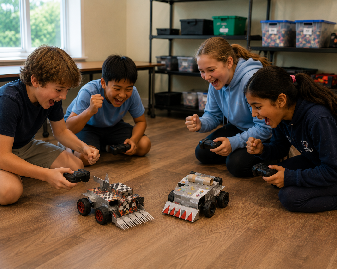 Students sit on floor cheering on their robots.