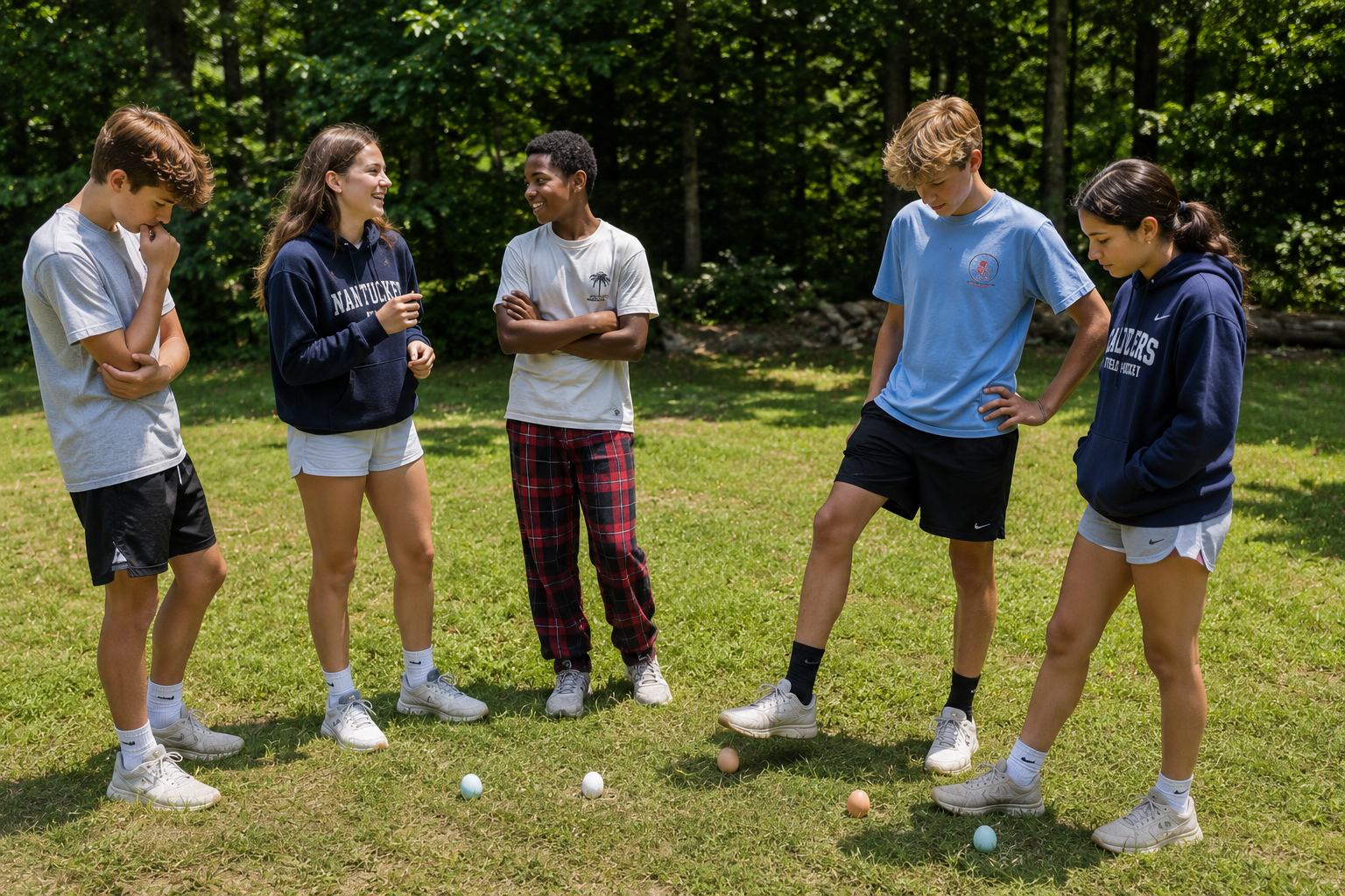 Teens are standing together with eggs at their feet